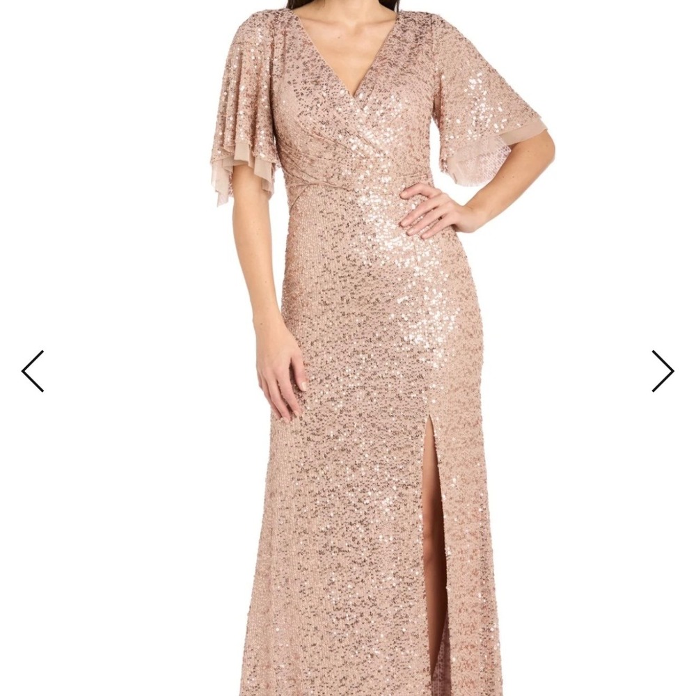 NWT R&M Richards Rose Gold Sequin Flutter Sleeve Gown Dress Sz 18 Formal Wedding
